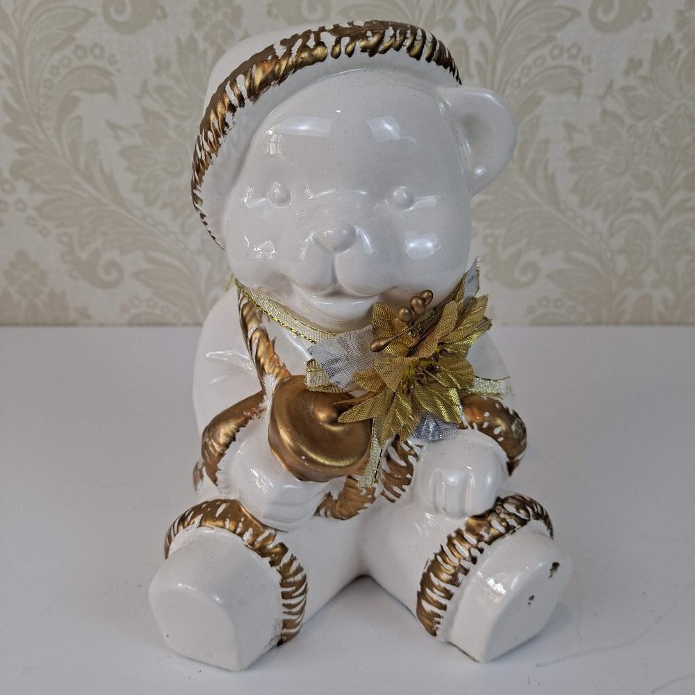 JC Penney Holiday Teddy Bear Figurine White and Gold Ceramic IOB